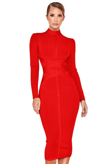 Women's Knitted Long Sleeve High Collar Bandage Dress - Slim Fit & Elegant