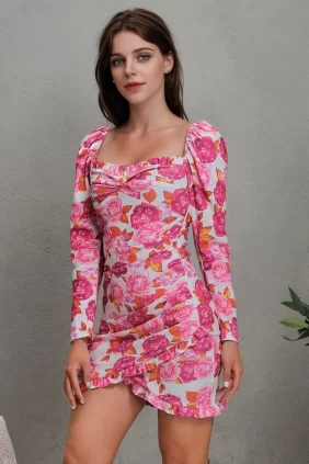 Red Rose Ruffle Square Neck Wrap Dress – Romantic Date Night Style