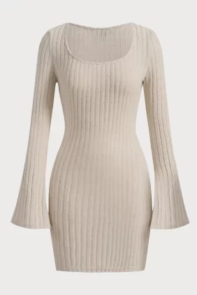 Beige Round Neck Flare Bodycon Dress – Elegant Day-to-Night Fit
