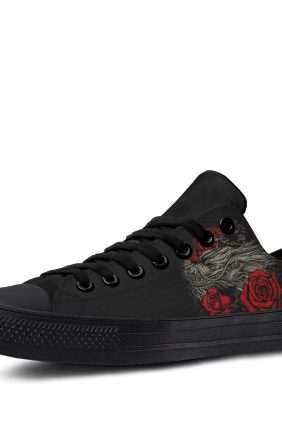 Chinese Dragon Pattern with Rose Black Lowtop Sneakers